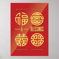 Feng Shui Wall Art - Red Four Lycka till Symbols