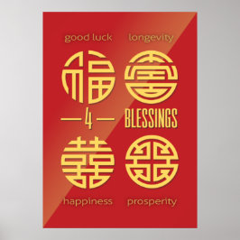 Feng Shui Wall Art - Red Four Lycka till Symbols Poster