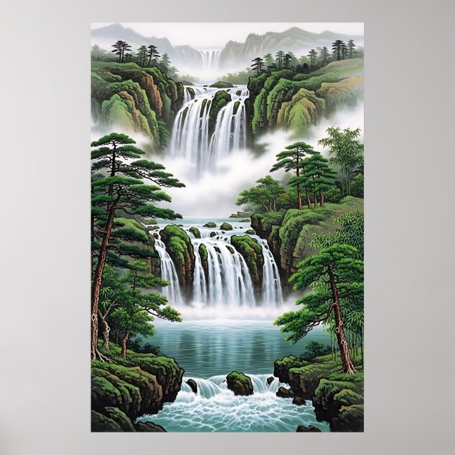 Feng Shui Waterfall Painting - Wealth Flow Poster (Framsidan)