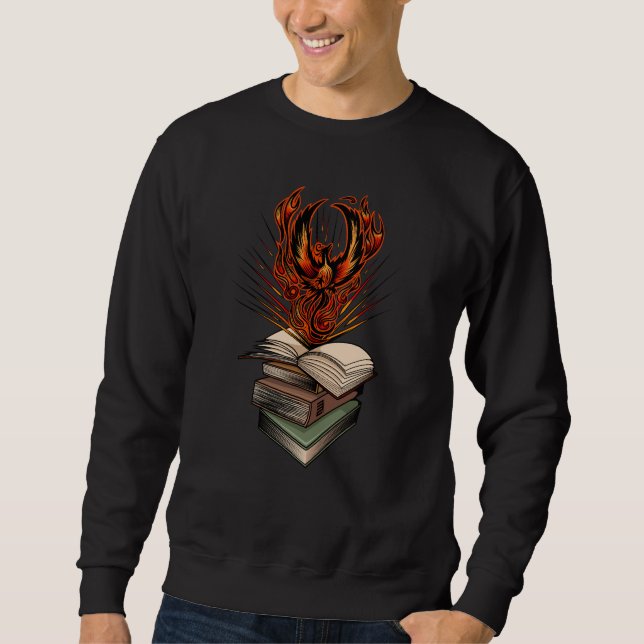 Fenix uppstiger ur böckernas flammor Fantasi Magis Lång Ärmad Tröja (Framsida)