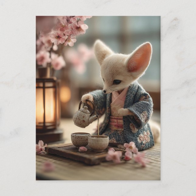 Fennec Fox i en Kimono som utför en teatemoni Vykort (Framsida)