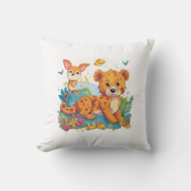 Fennec Fox & Kangaroo Tecknad Pillow Kudde (Framsida)