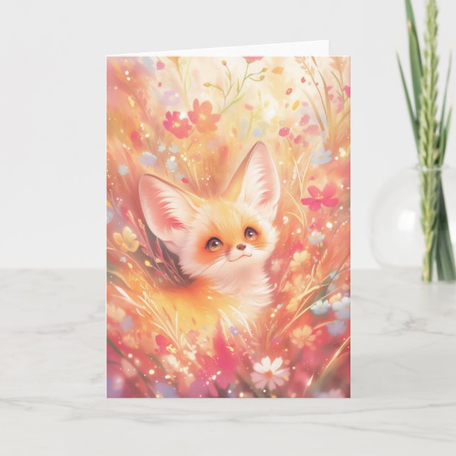 Fennec Fox, omgiven av solnedgångna Blommar Kort (Framsida)