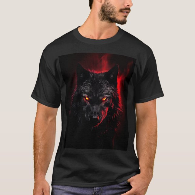 Fenrir - Svart Varg med Red Ögon T Shirt (Framsida)