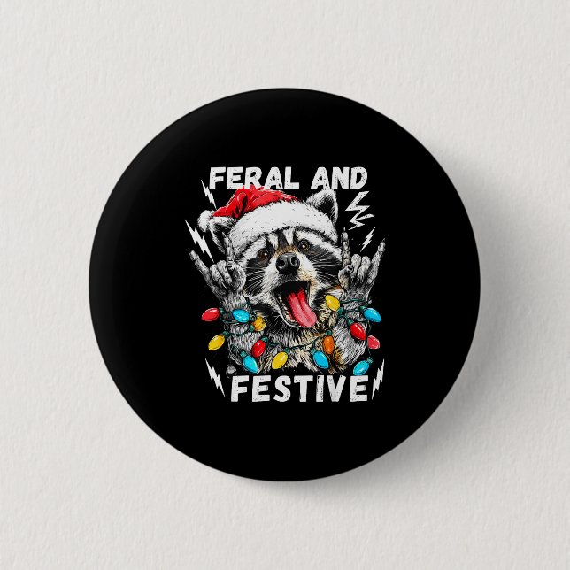 Feral And Festive Funny Christmas Rocker Raccoon S Knapp (Framsida)