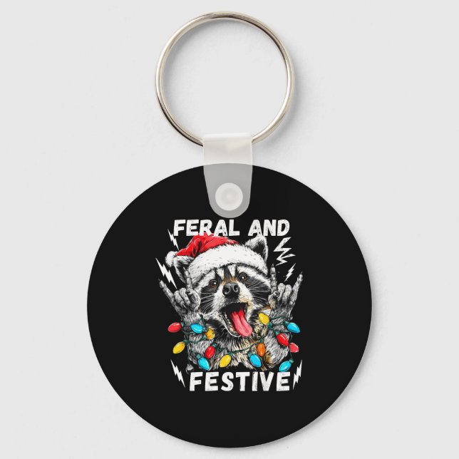 Feral And Festive Funny Christmas Rocker Raccoon S Nyckelring (Framsida)