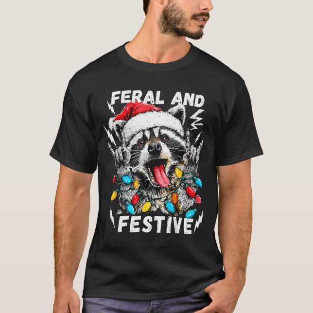 Feral And Festive Funny Christmas Rocker Raccoon S T Shirt (Framsida)