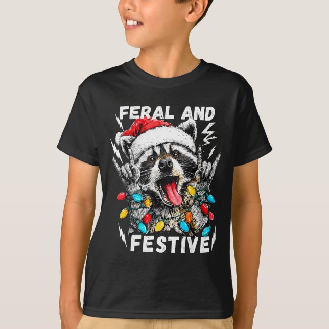 Feral And Festive Funny Christmas Rocker Raccoon S T Shirt (Framsida)