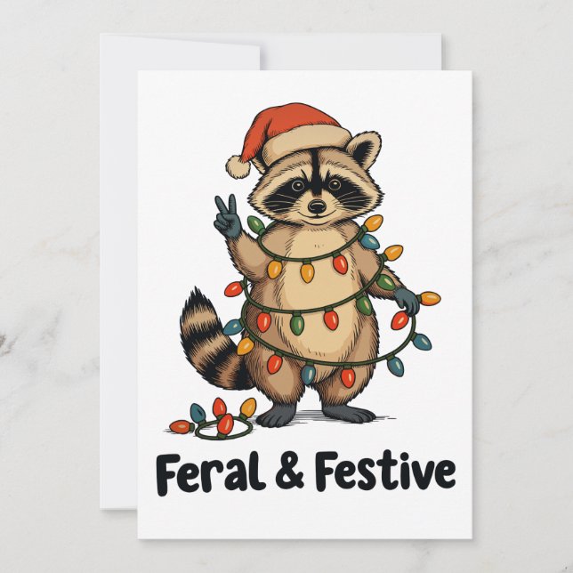 Feral And Festive Raccoon Christmas Xmas Lights Julkort (Framsida)