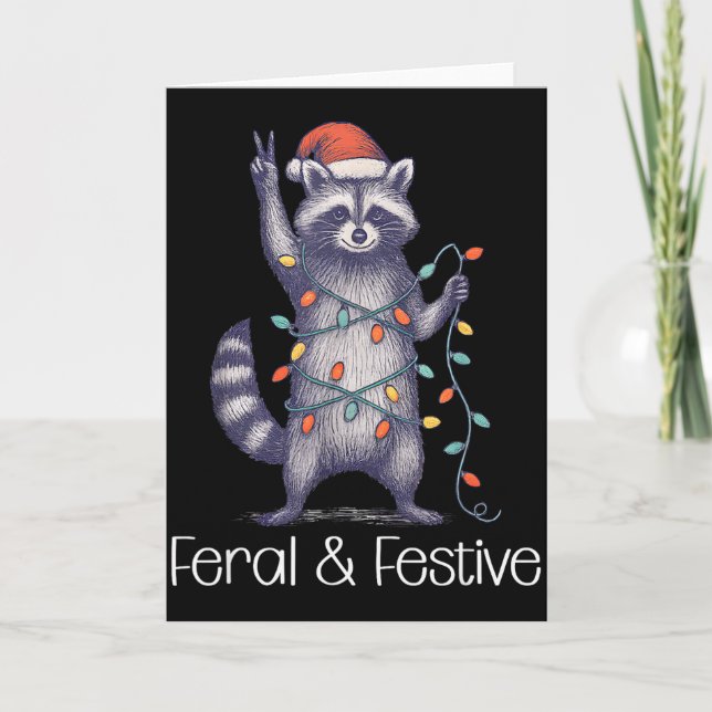 Feral And Festive Raccoon, Funny Christmas  Kort (Framsida)