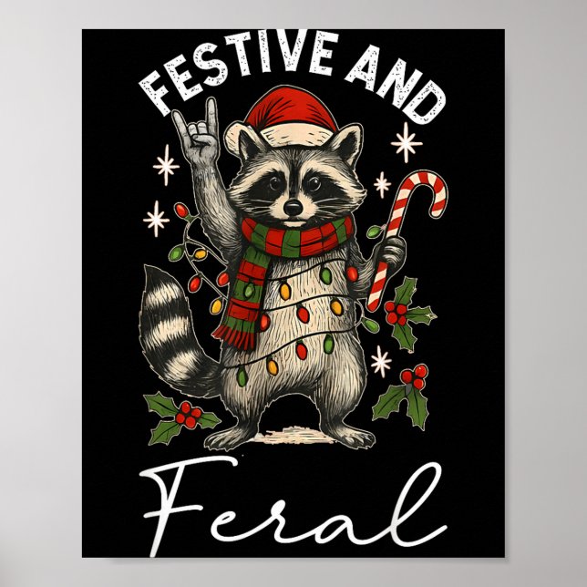 Feral And Festive Raccoon Santa Hat Christmas Ligh Poster (Framsidan)