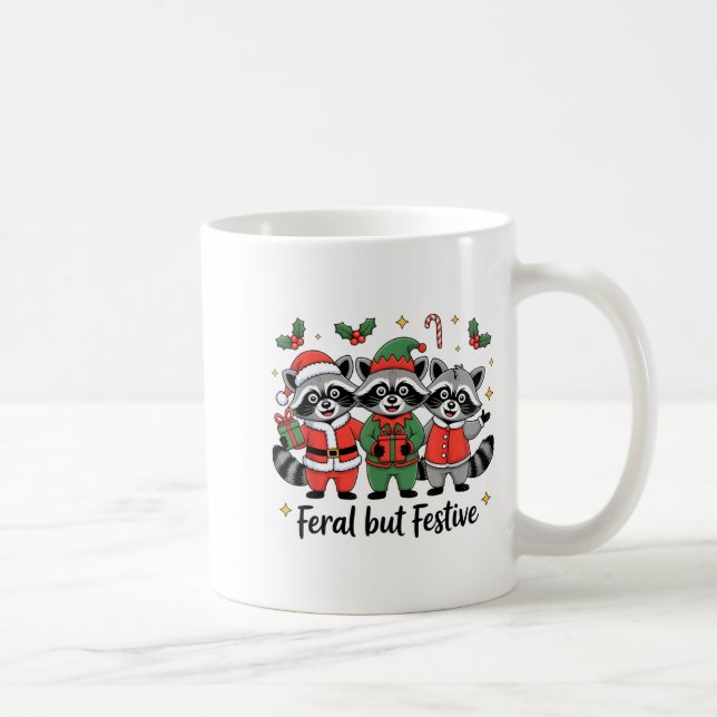 Feral But Festive Funny Christmas Cute Raccoon Elf Kaffemugg (Höger)