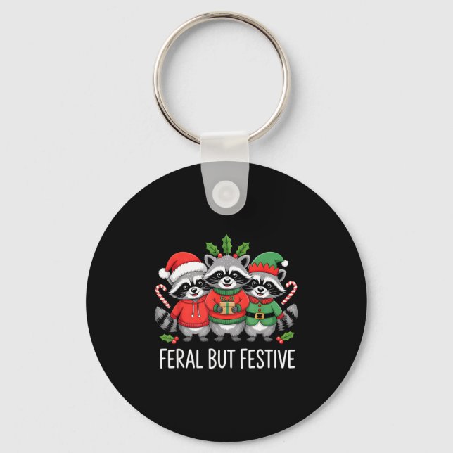 Feral But Festive Funny Raccoon Christmas Holiday  Nyckelring (Framsida)