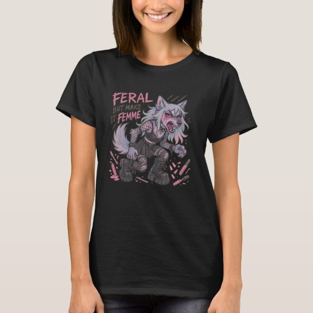Feral But Make It Femme Goth Wolf Pastel Punk Styl T Shirt (Framsida)