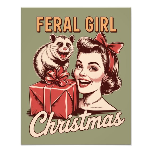 Feral Girl jul jul Opossum Julafton Trashy Retro Fototryck (Framsidan)