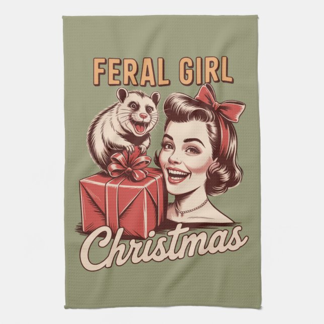 Feral Girl jul jul Opossum Julafton Trashy Retro Kökshandduk (Vertikal)