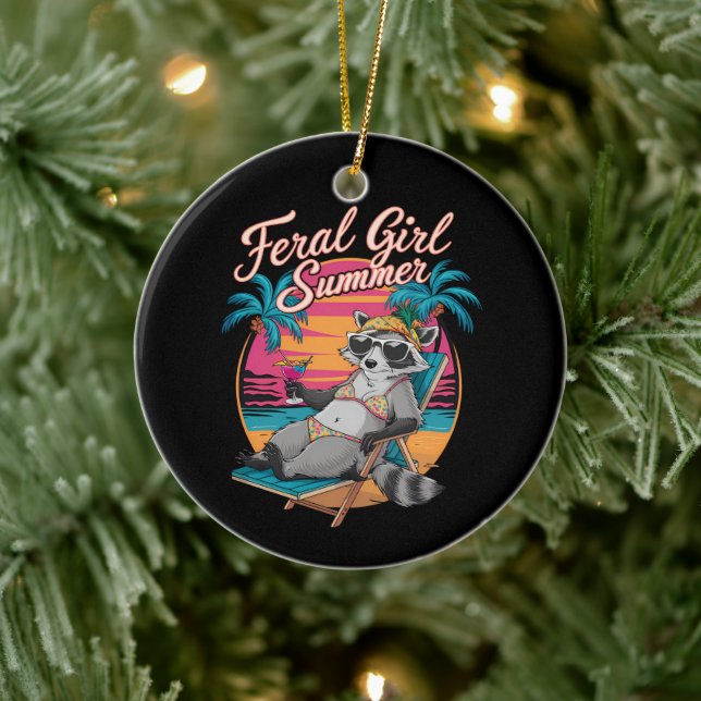 Feral Girl Summer Beach Funny Raccoon Julgransprydnad Keramik (Träd)