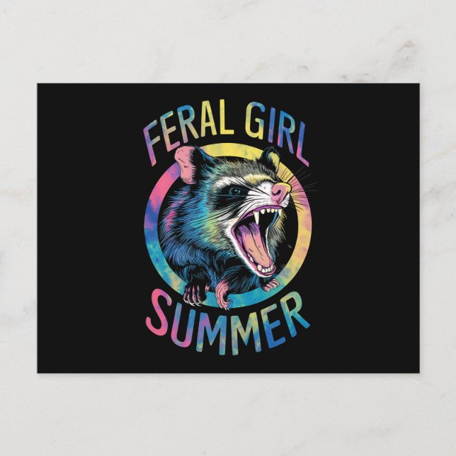 Feral Girl Summer Opossum Tie Dye Raccoon Vykort (Framsida)