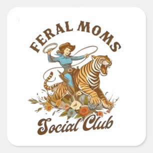 Feral Mamma Social Klubb Funny Retro Boho Cowgirl Fyrkantigt Klistermärke