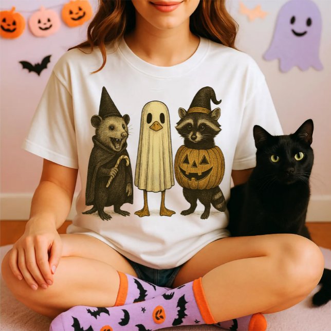 Feral Raccoon Opossum Anka Halloween Trio - Funny T Shirt (Halloween raccoon opossum duck art, spooky animal trio, ghost costume, pumpkin, candy, funny cute

)