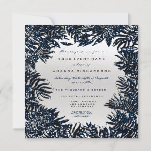 Fern Blad Framed Metallic Blue Navy Silver Grått Inbjudningar