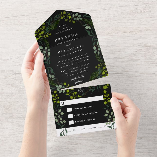 Fern Eucalyptus Hand Drawn Greenery Black Bröllop (Tearaway)