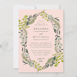 Fern Eucalyptus Hand Drawn Greenery Rosa Bröllop Inbjudningar