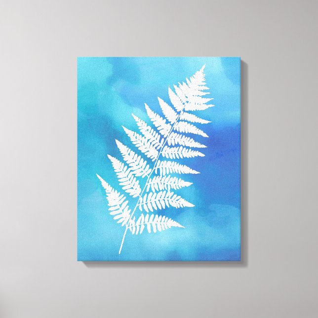 Fern Frond, vit på blå vattenfärgsbakgrund Canvastryck (Framsida)