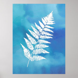 Fern Frond, vit på blå vattenfärgsbakgrund Poster