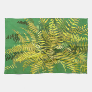 Fern, fronter, blommigt, grönt guldgrön gult kökshandduk