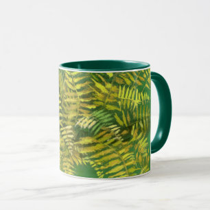 Fern, fronter, blommigt, grönt guldgrön gult mugg