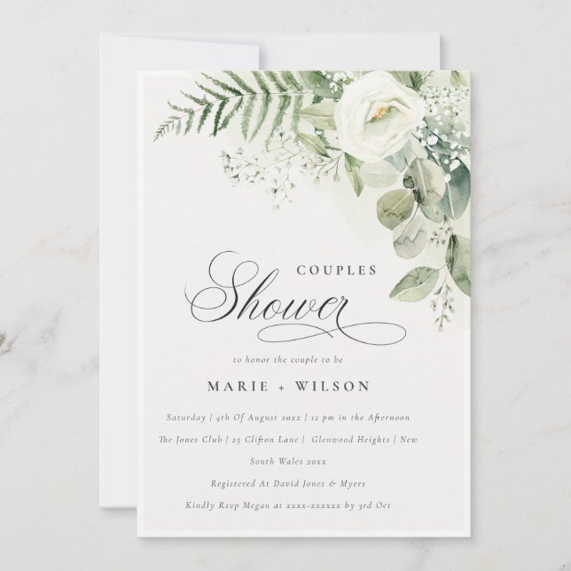 Fern Greenery White Blommigt Par Shower Inbjudan (Framsida)