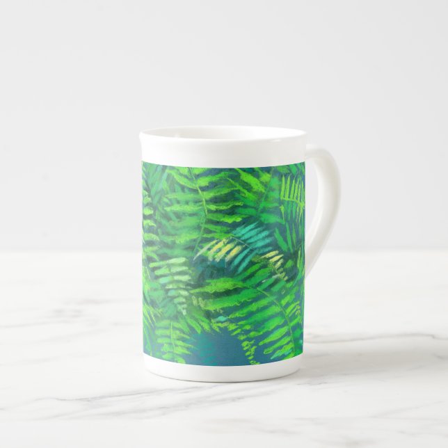 Fern löv, blommigt design, grön, blå och grönt benporslin mugg (Framsida höger)