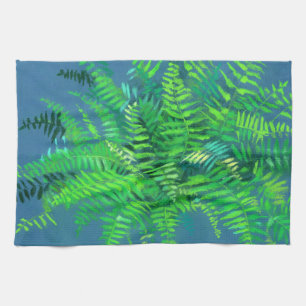 Fern löv, blommigt design, grön, blå och grönt kökshandduk