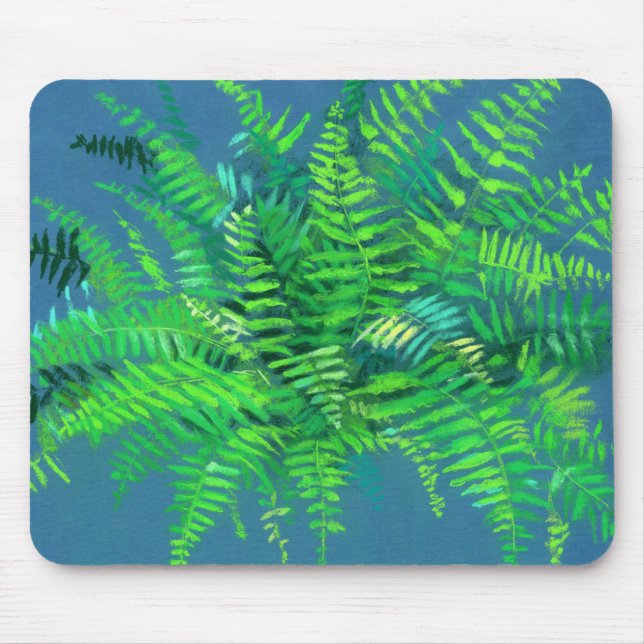 Fern löv, blommigt design, grön, blå och grönt musmatta (Framsidan)