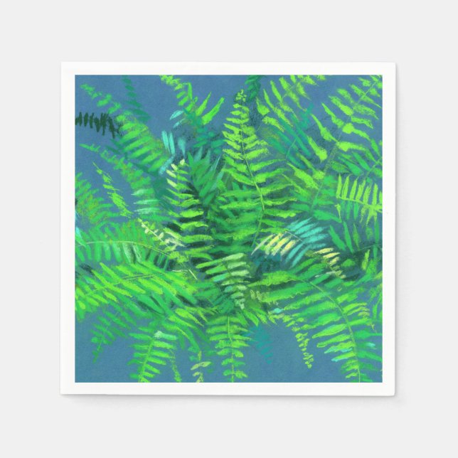 Fern löv, blommigt design, grön, blå och grönt pappersservett (Framsidan)
