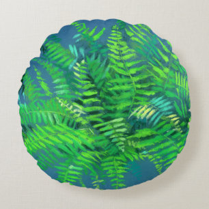 Fern löv, blommigt design, grön, blå och grönt rund kudde