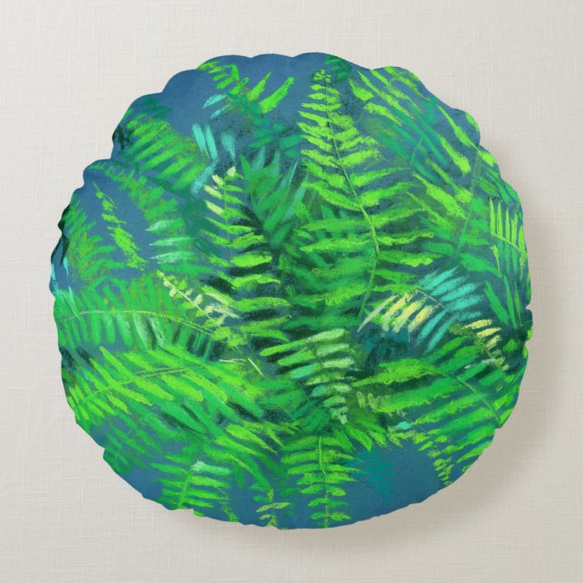 Fern löv, blommigt design, grön, blå och grönt rund kudde (Framsidan)