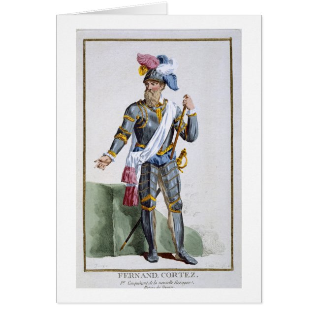 Fernand Cortez (1485-1547) som inristas av Pierre Hälsningskort (Framsidan)