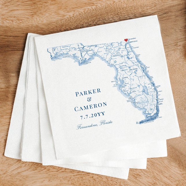 Fernandina Florida Karta Elegant bröllop Pappersservett (Elegant Fernandina Florida wedding map napkins in navy blue from coastal map designs)