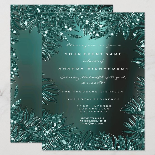 Fernlöv inramade kristaller Teal Akvatisk Formal Inbjudningar (Fram/baksida)