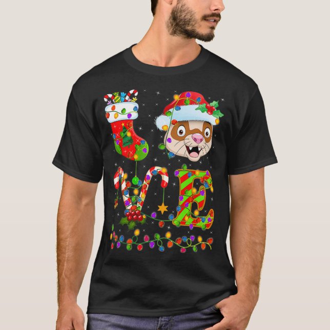 Ferret Älskare Julafton Lighting Santa Kärlek Ferr T Shirt (Framsida)