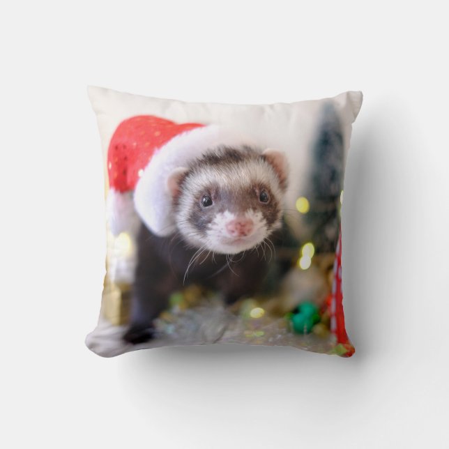 Ferret i Santa Hat-Dekorationen Kudde (Framsida)