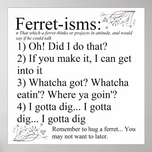Ferret-isms & Ord Print for Ferret Älskare Poster (Framsidan)