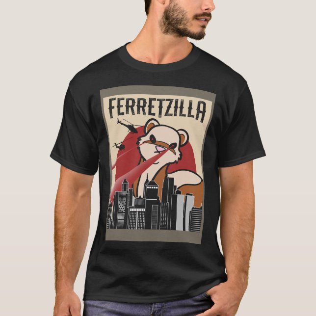 Ferret Monster Ferretzilla Attack Japan Skyline T Shirt (Framsida)