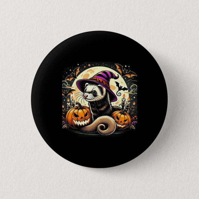 Ferret Witch Halloween - Spooky Pumpkin Fladdermus Knapp (Framsida)