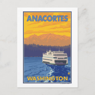 Ferry and Mountain - Anacortes, Washington Vykort