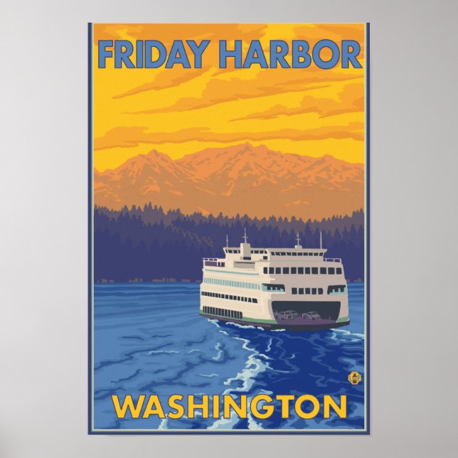Ferry and Mountain - Fredag Harbour, Washington Poster (Framsidan)