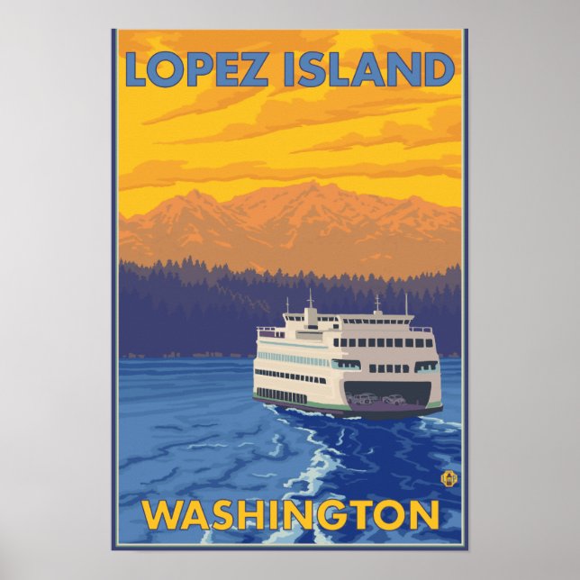 Ferry and Mountain - Lopez Island, Washington Poster (Framsidan)