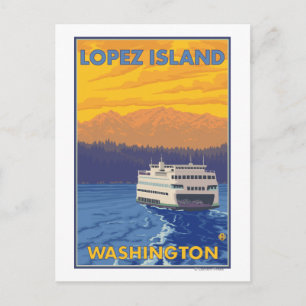 Ferry and Mountain - Lopez Island, Washington Vykort